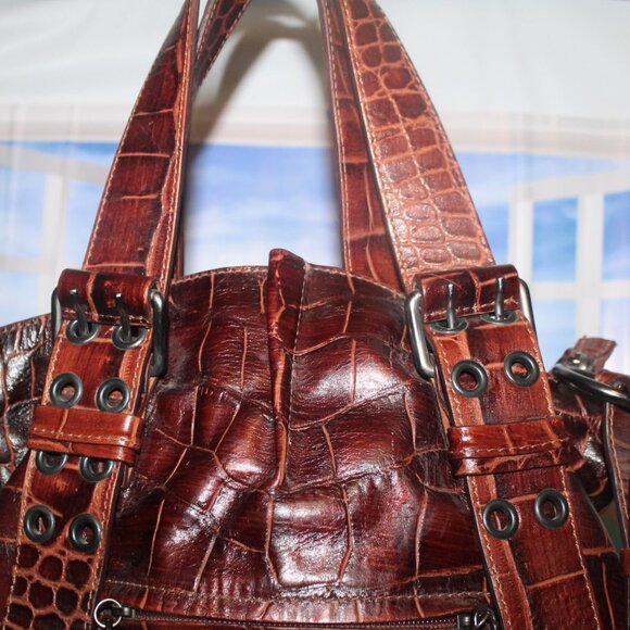 $549 FRANCESCO BIASIA Gilded Brown Croc Embossed Leather Shoulder Bag Crossbody - Picture 4 of 12